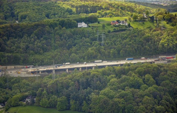 Aerial view, renovation of the A1 motorway bridge, city boundary between Wetter and Hagen, Vorhalle, Hagen, Ruhr area, North Rhine-Westphalia, Germany, A1 motorway, construction site, DE, Europe, aerial view, aerial photography, aerial photography, renovation, renovation, overview, bird's-eye view, forest area, birds-eyes view, overview