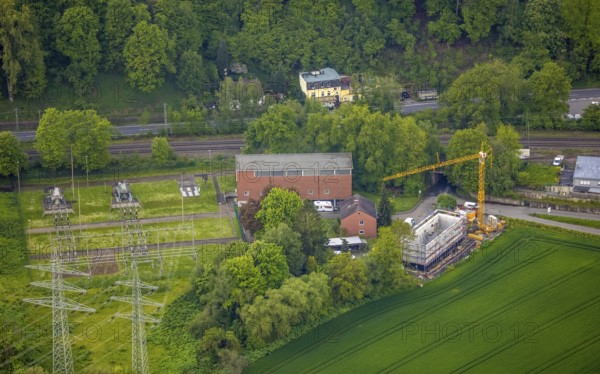 Aerial view, construction site and new building at the Dahler-Bacherwiese, In der Aue, Volmarstein, Wetter, Ruhr area, North Rhine-Westphalia, Germany, construction work, construction area, construction site, construction crane, construction project, construction site, DE, Europe, aerial view, aerial photography, aerial photography, new building, overview, bird's-eye view, overview