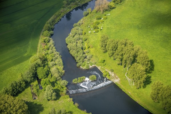 Aerial view, weir at the river Ruhr, Wetter, Ruhr area, North Rhine-Westphalia, Germany, DE, Europe, aerial view, aerial photography, aerial photography, Ruhraue, overview, bird's-eye view, overview