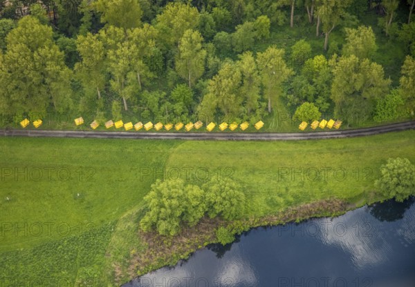 Aerial view, yellow objects on the Ruhr, weather, Ruhr area, North Rhine-Westphalia, Germany, DE, Europe, shapes and colours, aerial view, aerial photography, aerial photography, overview, bird's eye view, birds-eyes view, overview