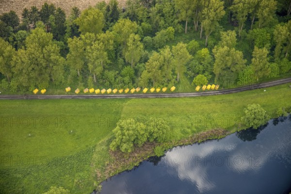 Aerial view, yellow objects on the Ruhr, weather, Ruhr area, North Rhine-Westphalia, Germany, DE, Europe, shapes and colours, aerial view, aerial photography, aerial photography, overview, bird's eye view, birds-eyes view, overview