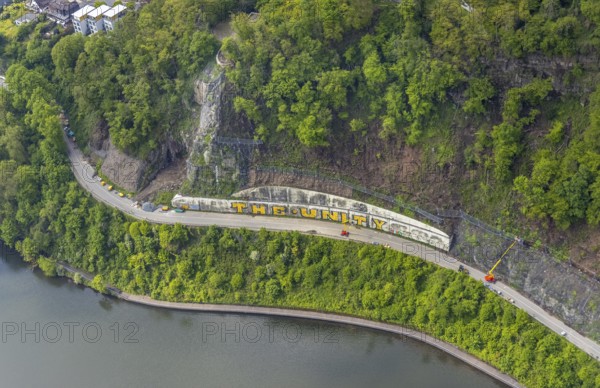 Aerial photo, rockfall protection fences and construction work on the closed cycle path and hiking trail at Lake Harkort, workers on the slope, weather, Ruhr area, North Rhine-Westphalia, Germany, DE, Europe, rockfall nets, rockfall protection fences, aerial photo, aerial photography, aerial photography, rockfall nets, overview, bird's eye view, birds-eyes view, overview