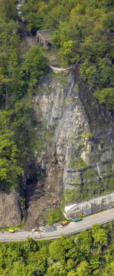 Aerial photo, rockfall protection fences and construction work on the closed cycle path and hiking trail at Lake Harkort, workers on the slope, weather, Ruhr area, North Rhine-Westphalia, Germany, DE, Europe, rockfall nets, rockfall protection fences, aerial photo, aerial photography, aerial photography, rockfall nets, overview, bird's eye view, birds-eyes view, overview