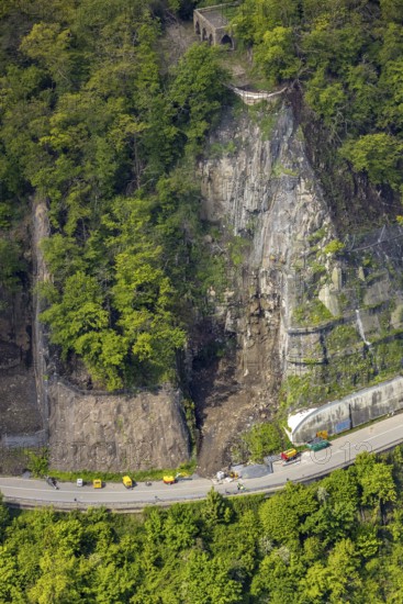 Aerial photo, rockfall protection fences and construction work on the closed cycle path and hiking trail at Lake Harkort, workers on the slope, weather, Ruhr area, North Rhine-Westphalia, Germany, DE, Europe, rockfall nets, rockfall protection fences, aerial photo, aerial photography, aerial photography, rockfall nets, overview, bird's eye view, birds-eyes view, overview