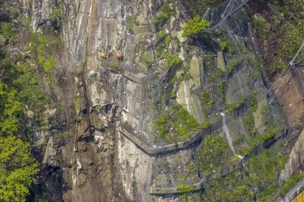 Aerial photo, rockfall protection fences and construction work on the closed cycle path and hiking trail at Lake Harkort, workers on the slope, weather, Ruhr area, North Rhine-Westphalia, Germany, DE, Europe, rockfall nets, rockfall protection fences, aerial photo, aerial photography, aerial photography, rockfall nets, overview, bird's eye view, birds-eyes view, overview