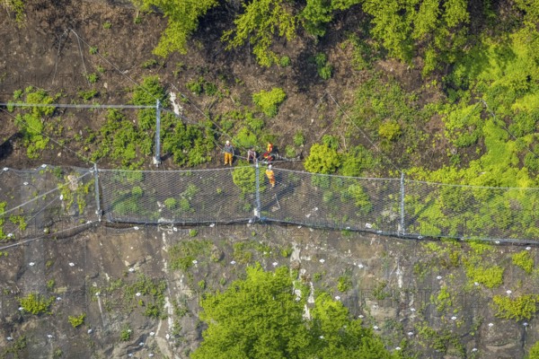 Aerial photo, rockfall protection fences and construction work on the closed cycle path and hiking trail at Lake Harkort, workers on the slope, weather, Ruhr area, North Rhine-Westphalia, Germany, DE, Europe, rockfall nets, rockfall protection fences, aerial photo, aerial photography, aerial photography, rockfall nets, overview, bird's eye view, birds-eyes view, overview
