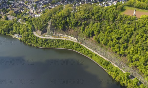 Aerial photo, rockfall protection fences and construction work on the closed cycle path and hiking trail at Lake Harkort, Wetter, Ruhr area, North Rhine-Westphalia, Germany, DE, Europe, rockfall nets, rockfall protection fences, Harkort tower, aerial photo, aerial photography, aerial photography, rockfall nets, overview, bird's-eye view, overview