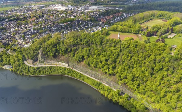 Aerial photo, rockfall protection fences and construction work on the closed cycle path and hiking trail at Lake Harkort, Wetter, Ruhr area, North Rhine-Westphalia, Germany, DE, Europe, rockfall nets, rockfall protection fences, Harkort tower, aerial photo, aerial photography, aerial photography, rockfall nets, overview, bird's-eye view, overview