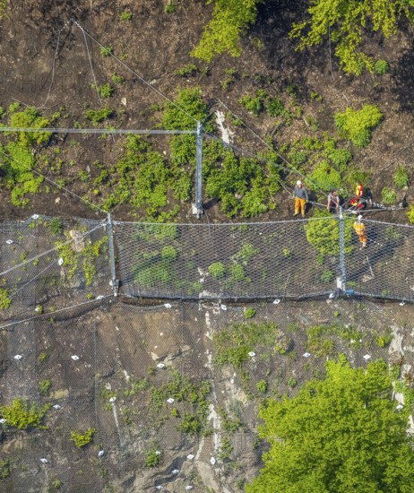 Aerial photo, rockfall protection fences and construction work on the closed cycle path and hiking trail at Lake Harkort, workers on the slope, weather, Ruhr area, North Rhine-Westphalia, Germany, DE, Europe, rockfall nets, rockfall protection fences, aerial photo, aerial photography, aerial photography, rockfall nets, overview, bird's eye view, birds-eyes view, overview