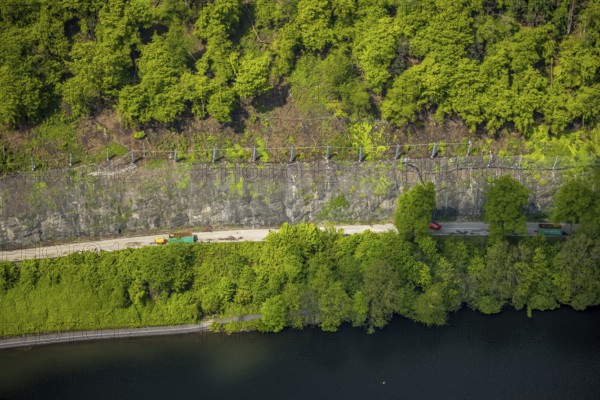 Aerial photograph, rockfall protection fences and construction work on the closed cycle path and hiking trail at Lake Harkort, Wetter, Ruhr area, North Rhine-Westphalia, Germany, DE, Europe, rockfall protection fences, aerial photograph, aerial photography, aerial photography, rockfall nets, overview, bird's-eye view, birds-eyes view, overview