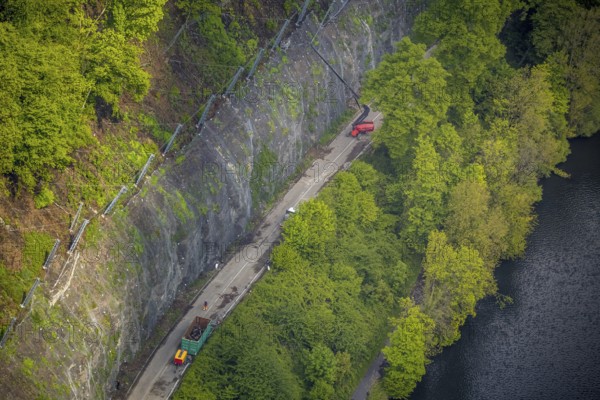 Aerial photograph, rockfall protection fences and construction work on the closed cycle path and hiking trail at Lake Harkort, Wetter, Ruhr area, North Rhine-Westphalia, Germany, DE, Europe, rockfall protection fences, aerial photograph, aerial photography, aerial photography, rockfall nets, overview, bird's-eye view, birds-eyes view, overview