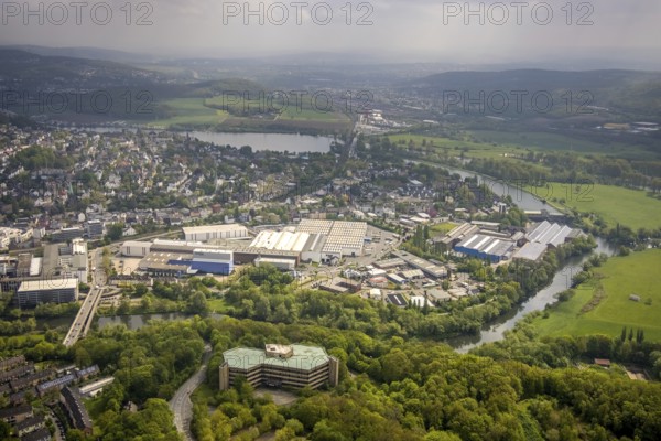 Aerial view, Demag former office tower in Demagstraße and Demag factory premises, Volmarstein, Wetter, Ruhr area, North Rhine-Westphalia, Germany, DE, Europe, river Ruhr, commercial enterprises, commercial area, commercial location, commercial use, industrial location, aerial photograph, aerial photography, aerial photography, overview, administration, bird's-eye view, overview