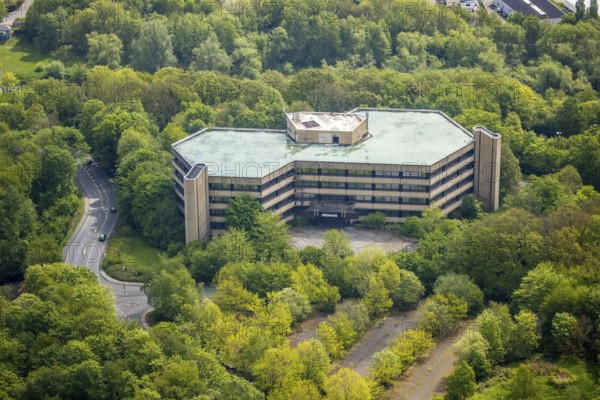 Aerial view, Demag former office tower in Demagstraße, Volmarstein, Wetter, Ruhr area, North Rhine-Westphalia, Germany, DE, Europe, commercial enterprises, commercial area, commercial location, commercial use, industrial location, aerial photograph, aerial photography, aerial photography, overview, administration, bird's eye view, birds-eyes view, overview