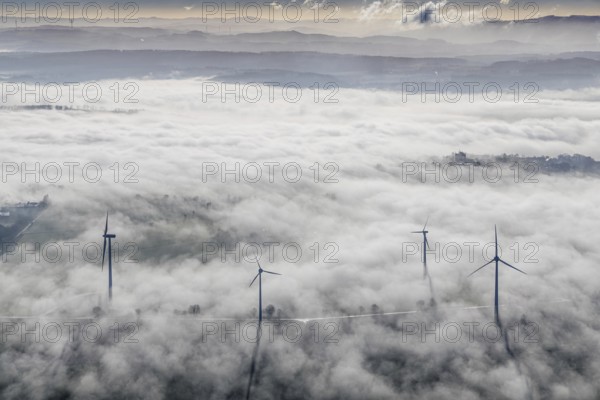Aerial view, wind turbines in the fog and mountains of the Sauerland in the backlight in the district Wiehagen in Wickede, Sauerland, North Rhine-Westphalia, Germany, mountains, DE, Europe, shapes and colours, aerial view, aerial photography, aerial photography, fog, overview, bird's-eye view, WEA, Wickede, wind energy, wind turbine, wind power, wind turbine, wind turbines, clouds, birds-eyes view, overview