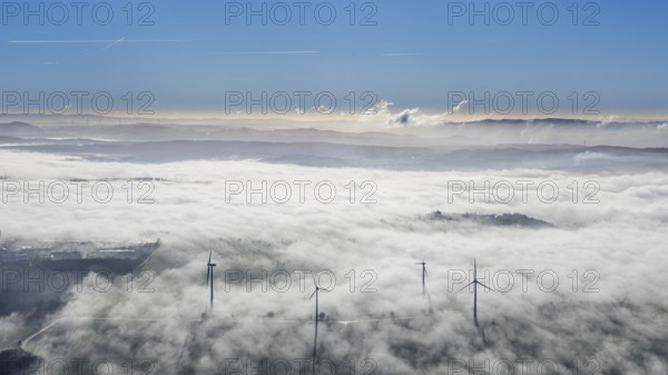 Aerial view, wind turbines in the fog and mountains of the Sauerland in the backlight in the district Wiehagen in Wickede, Sauerland, North Rhine-Westphalia, Germany, mountains, DE, Europe, shapes and colours, aerial view, aerial photography, aerial photography, fog, overview, bird's-eye view, WEA, Wickede, wind energy, wind turbine, wind power, wind turbine, wind turbines, clouds, birds-eyes view, overview