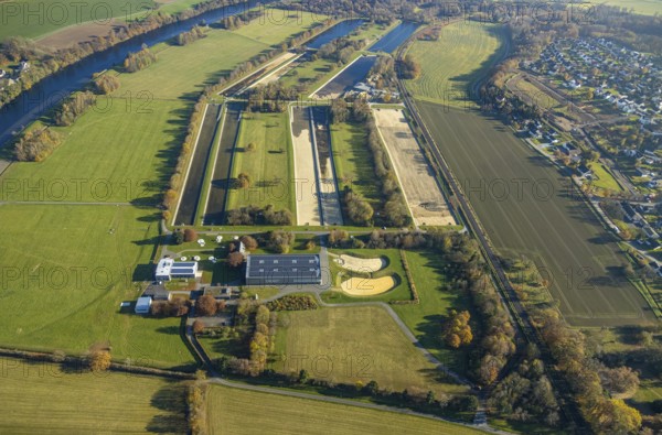 Aerial photograph, Echthausen waterworks in the Echthausen district of Wickede, Sauerland, North Rhine-Westphalia, Germany, treatment plant, DE, Europe, inn, groundwater recharge, aerial photograph, aerial photography, aerial photography, drinking water supply, overview, bird's-eye view, water extraction site, water supply company, Wasserwerke Westfalen GmbH, Wickede, bird's-eye view, overview