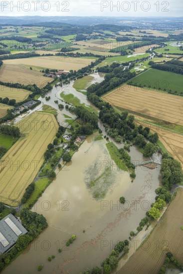 Aerial view, Ruhr flood, flood after heavy rainfall, Wimbern, Wickede, Sauerland, North Rhine-Westphalia, Germany, DE, Europe, birds-eyes view, aerial photography, aerial photography, overview, bird's eye view, flood, Möhne, Möhnesee