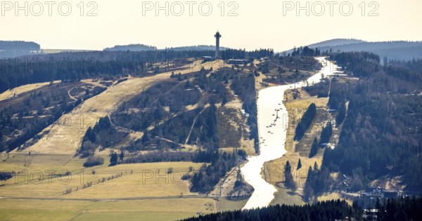 Ski downhill run with chairlift and Ettelsberg high heath tower, Willingen, Sauerland, Hesse, Germany, DE, Ettelsberg cable car, Europe, Ettelsberg leisure area, Ettelsberg high heath tower, aerial view, aerial photography, aerial photography, chairlift, ski lift, overview, bird's eye view, overview