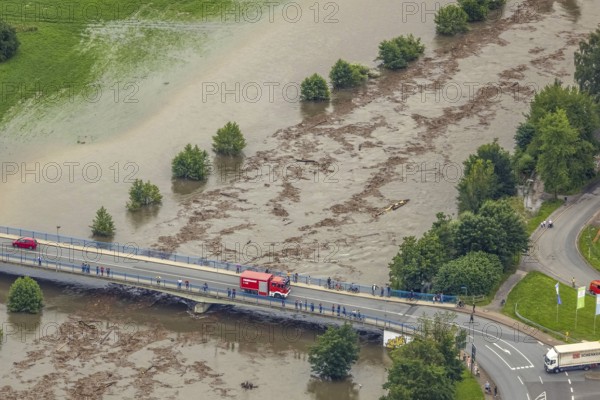Aerial photo, Ruhr flood, flood after heavy rainfall, Wickede, Sauerland, North Rhine-Westphalia, Germany, DE, Europe, birds-eyes view, aerial photo, aerial photography, aerial photography, overview, bird's eye view, flood, Möhne, Möesee