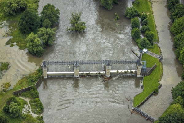 Aerial photo, Ruhr flood, flood after heavy rainfall, Wickede, Sauerland, North Rhine-Westphalia, Germany, DE, Europe, birds-eyes view, aerial photo, aerial photography, aerial photography, overview, bird's eye view, flood, Möhne, Möesee