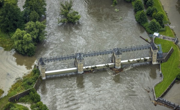 Aerial photo, Ruhr flood, flood after heavy rainfall, Wickede, Sauerland, North Rhine-Westphalia, Germany, DE, Europe, birds-eyes view, aerial photo, aerial photography, aerial photography, overview, bird's eye view, flood, Möhne, Möesee