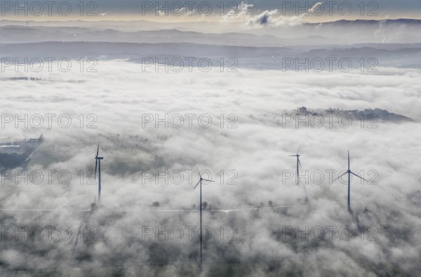 Aerial view, wind turbines in the fog and mountains of the Sauerland in the backlight in the district Wiehagen in Wickede, Sauerland, North Rhine-Westphalia, Germany, mountains, DE, Europe, shapes and colours, aerial view, aerial photography, aerial photography, fog, overview, bird's-eye view, WEA, Wickede, wind energy, wind turbine, wind power, wind turbine, wind turbines, clouds, birds-eyes view, overview