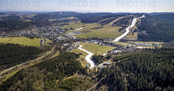 Ski downhill run with chairlift and Ettelsberg high heath tower, Willingen, Sauerland, Hesse, Germany, DE, Ettelsberg cable car, Europe, Ettelsberg leisure area, Ettelsberg high heath tower, aerial view, aerial photography, aerial photography, chairlift, ski lift, overview, bird's eye view, overview