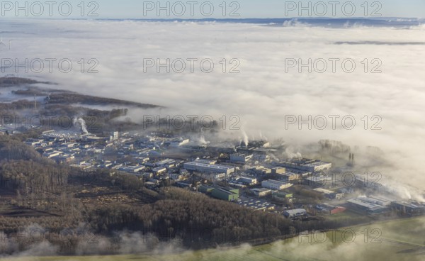 Aerial view, industrial area Westerhaar in fog and mountains of the Sauerland in backlight in Wickede, Sauerland, North Rhine-Westphalia, Germany, mountains, DE, Europe, shapes and colours, backlight, commercial enterprises, commercial area, commercial area, commercial location, commercial use, high-rise building, industrial area, industrial site, aerial view, aerial photography, aerial photography, fog, overview, bird's-eye view, WEA, Wickede, wind energy, wind energy plant, wind power, wind turbine, wind turbines, clouds, birds-eyes view, overview