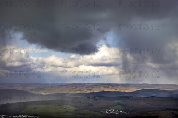 Aerial view, clouds over the forest area near Wilgersdorf, Wilnsdorf, Siegerland, North Rhine-Westphalia, Germany, DE, Europe, hilly landscape, Siegen-Wittgenstein district, aerial view, aerial photography, aerial photography, overview, bird's-eye view, weather phenomena, meadows and fields, cloud formation, birds-eyes view, overview