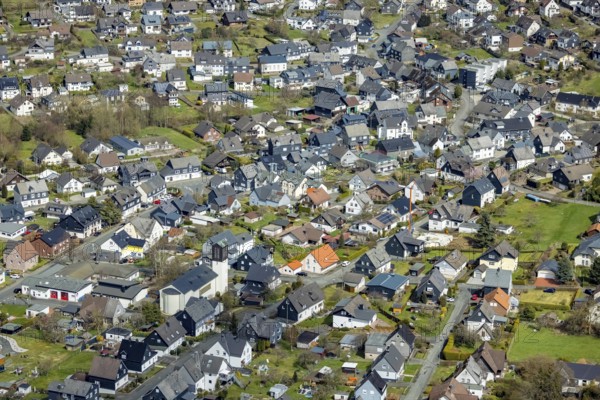 Aerial view, aerial view with Catholic Church St. Josef in Wilgersdorf, Wilnsdorf, Siegerland, North Rhine-Westphalia, Germany, place of worship, DE, Europe, religious community, place of worship, holy place, church, parish, denomination, district Siegen-Wittgenstein, aerial view, aerial photography, aerial photography, site view, religion, religious site, townscape, urban area, overview, bird's-eye view, overview