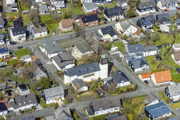 Aerial view, Catholic Church of St. Joseph in Wilgersdorf, Wilnsdorf, Siegerland, North Rhine-Westphalia, Germany, place of worship, DE, Europe, religious community, place of worship, holy place, church, parish, denomination, Siegen-Wittgenstein district, aerial view, aerial photography, aerial photography, religion, religious site, overview, bird's-eye view, overview