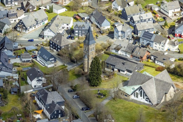 Aerial view, St. Martin's Catholic Church in Wilnsdorf, Siegerland, North Rhine-Westphalia, Germany, place of worship, DE, Europe, religious community, place of worship, sacred site, church, parish, denomination, Siegen-Wittgenstein district, aerial view, aerial photography, aerial photography, religion, religious site, overview, bird's-eye view, Wilnsdorf, birds-eyes view, overview