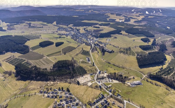 Miniature golf course AdventureGolf Winterberg Hildfeld, Grönebach, Winterberg, Sauerland, North Rhine-Westphalia, Germany, DE, Europe, aerial view, aerial photography, aerial photography, miniature golf course, pandemic lockdown, snow remains, sport, overview, bird's eye view, winter, birds-eyes view, overview