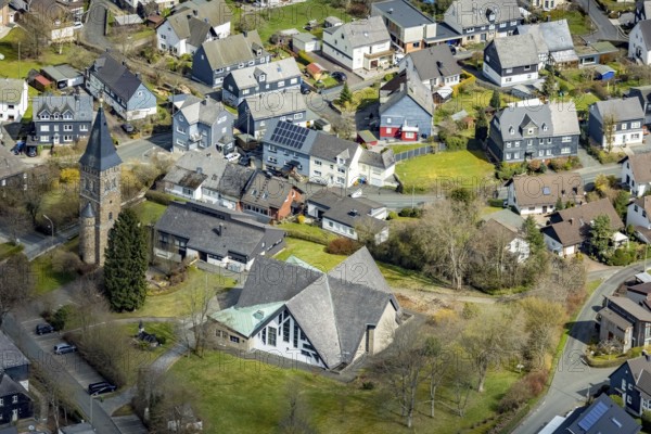 Aerial view, St. Martin's Catholic Church in Wilnsdorf, Siegerland, North Rhine-Westphalia, Germany, place of worship, DE, Europe, religious community, place of worship, sacred site, church, parish, denomination, Siegen-Wittgenstein district, aerial view, aerial photography, aerial photography, religion, religious site, overview, bird's-eye view, Wilnsdorf, birds-eyes view, overview