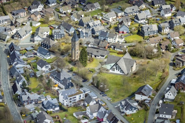 Aerial view, St. Martin's Catholic Church in Wilnsdorf, Siegerland, North Rhine-Westphalia, Germany, place of worship, DE, Europe, religious community, place of worship, sacred site, church, parish, denomination, Siegen-Wittgenstein district, aerial view, aerial photography, aerial photography, religion, religious site, overview, bird's-eye view, Wilnsdorf, birds-eyes view, overview