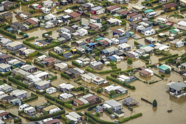Aerial view, Ruhr flood, flooded camping site CampingClub Garenfeld Ruhrbogen e.v, Westhofen, Schwerte, Ruhr area, North Rhine-Westphalia, Germany, DE, Europe, birds-eyes view, aerial photography, aerial photography, aerial photography, overview, bird's eye view