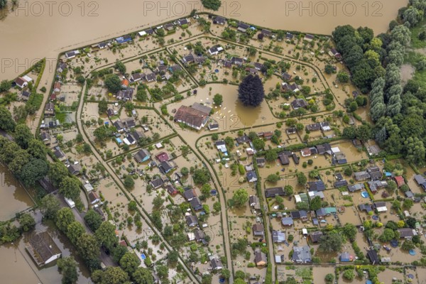 Aerial photo, Ruhr flood, flooded campsite Amsel restaurant on the Ruhr Valley cycle path in Schwerte, Schwerte, Ruhr area, North Rhine-Westphalia, Germany, DE, Europe, birds-eyes view, aerial photo, aerial photography, aerial photography, overview, bird's eye view