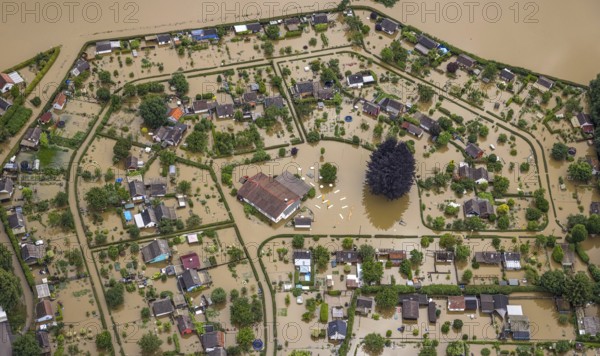 Aerial photo, Ruhr flood, flooded campsite Amsel restaurant on the Ruhr Valley cycle path in Schwerte, Schwerte, Ruhr area, North Rhine-Westphalia, Germany, DE, Europe, birds-eyes view, aerial photo, aerial photography, aerial photography, overview, bird's eye view
