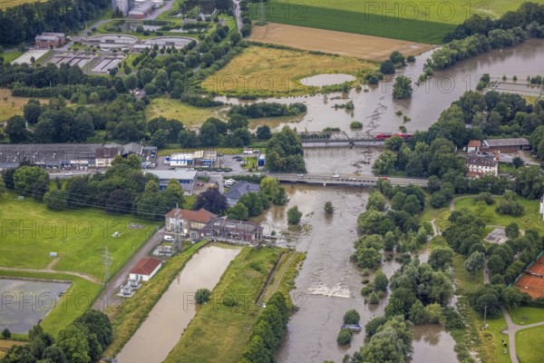 Aerial photo, Ruhr flood, Fröndenberg, Fröndenberg/Ruhr, Ruhr area, North Rhine-Westphalia, Germany, DE, Europe, birds-eyes view, aerial photography, aerial photography, overview, overview, bird's eye view