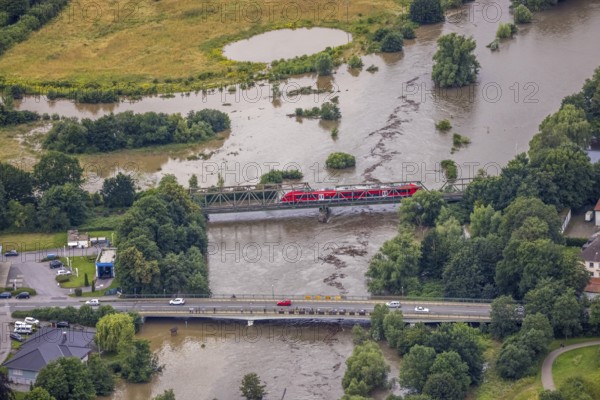 Aerial photo, Ruhr flood, Fröndenberg, Fröndenberg/Ruhr, Ruhr area, North Rhine-Westphalia, Germany, DE, Europe, birds-eyes view, aerial photography, aerial photography, overview, overview, bird's eye view