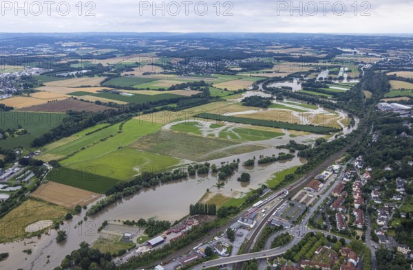 Aerial photo, Ruhr flood, Fröndenberg, Fröndenberg/Ruhr, Ruhr area, North Rhine-Westphalia, Germany, DE, Europe, birds-eyes view, aerial photography, aerial photography, overview, overview, bird's eye view