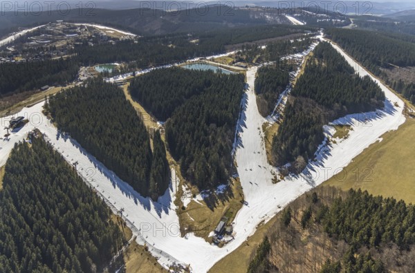 Chairlift mountain station Büre, Winterberg, Sauerland, North Rhine-Westphalia, Germany, DE, Europe, distant view, hilly landscape, aerial view, aerial photo, aerial photography, aerial photography, pandemic lockdown, snow remains, chairlift, ski lift, overview, bird's eye view, winter, birds-eyes view, overview