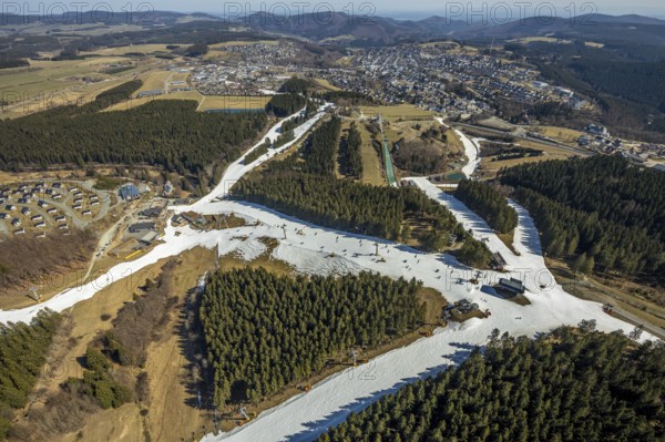 Poppenberg mountain station and chairlift, Winterberg, Sauerland, North Rhine-Westphalia, Germany, DE, Europe, aerial view, aerial photography, aerial photography, pandemic lockdown, snow remains, chairlift, ski lift, overview, circulating cable car, bird's eye view, winter, birds-eyes view, overview