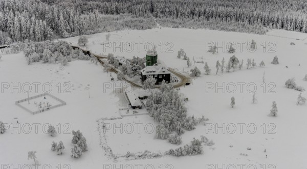 Aerial view of the snowy winter landscape of Winterberg am Kahlen Asten with Astenturm during Corona times in Sauerland in North Rhine-Westphalia, Germany, Sauerland, Europe, aerial view, birds-eyes view, aerial photography, aerial photography, overview, bird's eye view, lockdown, closed winter landscape, corona lockdown, deserted, snow, winter weather, corona-related lockdown, high heath in winter
