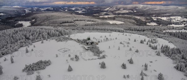 Aerial view of the snowy winter landscape of Winterberg am Kahlen Asten with Astenturm during Corona times in Sauerland in North Rhine-Westphalia, Germany, Sauerland, Europe, aerial view, birds-eyes view, aerial photography, aerial photography, overview, bird's eye view, lockdown, closed winter landscape, corona lockdown, deserted, snow, winter weather, corona-related lockdown, high heath in winter