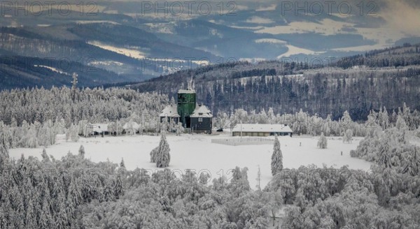 Aerial view of the snowy winter landscape of Winterberg am Kahlen Asten with Astenturm during Corona times in Sauerland in North Rhine-Westphalia, Germany, Sauerland, Europe, aerial view, birds-eyes view, aerial photography, aerial photography, overview, bird's eye view, lockdown, closed winter landscape, corona lockdown, deserted, snow, winter weather, corona-related lockdown, high heath in winter