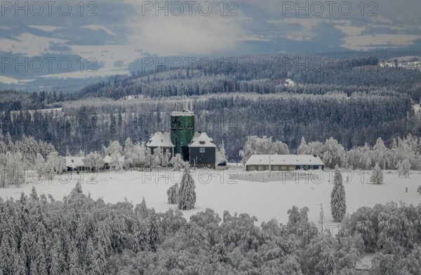 Aerial view of the snowy winter landscape of Winterberg am Kahlen Asten with Astenturm in times of Corona in Sauerland in North Rhine-Westphalia, Germany, Sauerland, Europe, aerial photo, birds-eyes view, aerial photography, aerial photography, overview, bird's eye view, lockdown, closed winter landscape, corona lockdown, deserted, snow, winter weather, corona-related lockdown