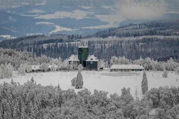 Aerial view of the snowy winter landscape of Winterberg am Kahlen Asten with Astenturm in times of Corona in Sauerland in North Rhine-Westphalia, Germany, Sauerland, Europe, aerial photo, birds-eyes view, aerial photography, aerial photography, overview, bird's eye view, lockdown, closed winter landscape, corona lockdown, deserted, snow, winter weather, corona-related lockdown