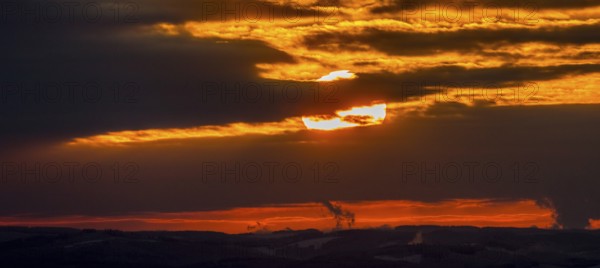 Aerial view of the sunset with a view over the snowy winter landscape from Winterberg to the Bergisches Land in Sauerland in North Rhine-Westphalia, Germany, Sauerland, Europe, aerial view, birds-eyes view, aerial photography, aerial photography, overview, bird's eye view, lockdown, closed winter landscape, corona lockdown, deserted, snow, winter weather, corona-related lockdown