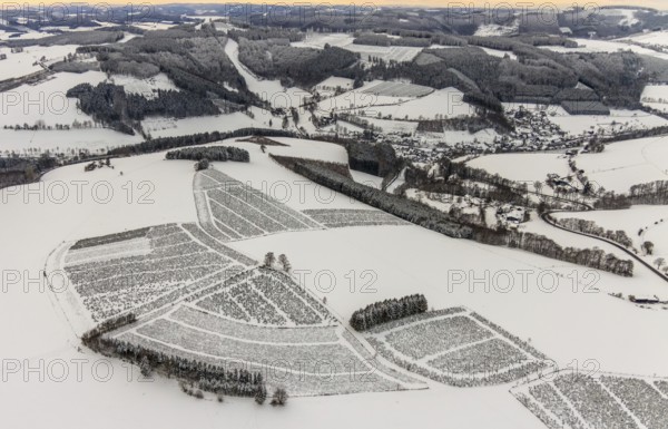 Aerial view of the snowy winter landscape of Winterberg in Sauerland in North Rhine-Westphalia, Germany, Sauerland, Europe, aerial photo, birds-eyes view, aerial photography, aerial photography, overview, bird's eye view, lockdown, closed winter landscape, corona lockdown, deserted, snow, winter weather, corona-related lockdown